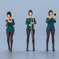 Three Women Playing Trombones in Green Outfits Isolated on Gray Studio Background