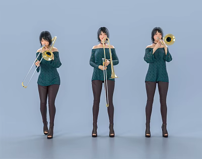 Three Women Playing Trombones in Green Outfits Isolated on Gray Studio Background 3d model