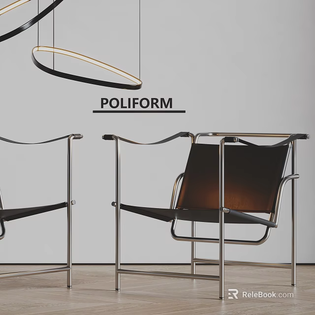 POLIFORM Modern Dining Chairs With Metal Frame Black Leather Seats Against White Wall Hanging Lamp 3d model 