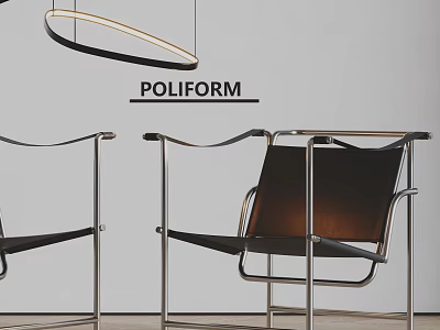 POLIFORM Modern Dining Chairs With Metal Frame Black Leather Seats Against White Wall Hanging Lamp 3d model