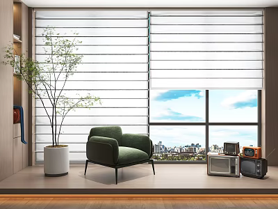 Roller Blinds in Window with Green Armchair Potted Plant Vintage Appliances and Outside City View 3d model