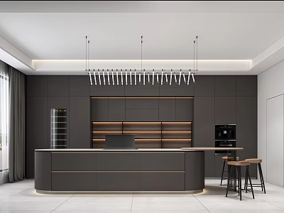 Modern Kitchen Interior With Dark Cabinets Central Island Wooden Shelves Hanging Linear Pendant Lights And Bar Stools 3d model