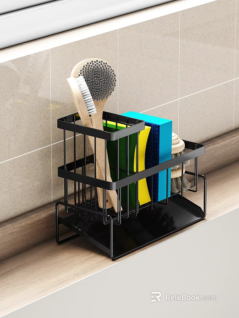 Black Metal Kitchen Utensil Organizer Rack With Sponge Brush And Cleaning Tools On Countertop 3d model 