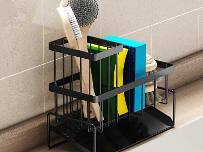 Black Metal Kitchen Utensil Organizer Rack With Sponge Brush And Cleaning Tools On Countertop 3d model
