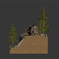 Wooden Cabin on Hillside Surrounded by Pine Trees with Grass Area and Steps