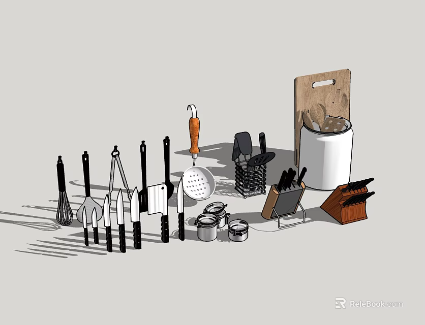 Variety of Essential Kitchen Tools Including Knives Spatulas Cutting Board And Storage 3d model 