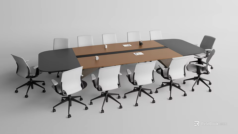 Modern Rectangular Conference Table With Wooden Top White Swivel Chairs Notebooks And Cups 3d model