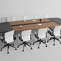 Modern Rectangular Conference Table With Wooden Top White Swivel Chairs Notebooks And Cups 3d model