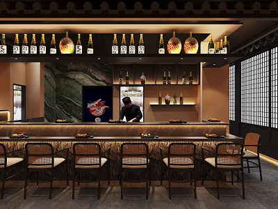 Japanese Style Restaurant Interior With Bar Counter Staff Preparing Food Wine Bottles And Lattice Windows 3d model