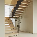 Modern Wooden And Black Staircase With Glass Railing And Potted Plant