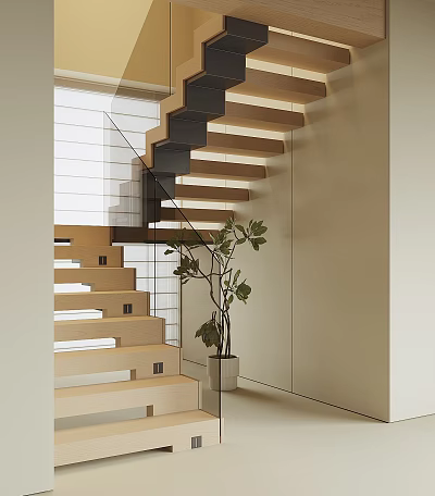 Modern Wooden And Black Staircase With Glass Railing And Potted Plant 3d model