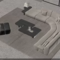 Modern Beige Curved Sofa and Black Coffee Table Set with Armchair Floor Lamp and Rug