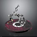 Mechanical Character and Creature in Dynamic Poses on Circular Platform with Pink Glowing Edges 3d model