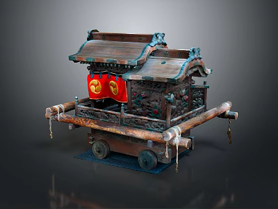 Traditional Carved Wooden Sedan Chair With Red Curtains And Decorative Wheels 3d model