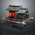 Traditional Carved Wooden Sedan Chair With Red Curtains And Decorative Wheels