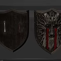 Two Ancient Shields With Wooden Body Metal Accents And Carved Tree Face Red Stripes