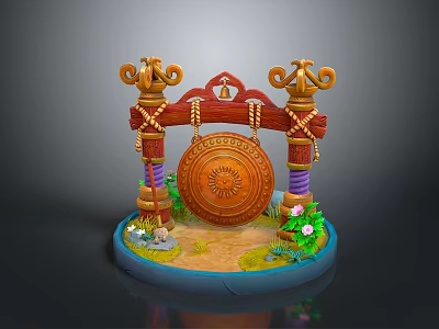 Decorative Wooden Household Ornament With Circular Gong And Carved Pillars On Blue Base 3d model