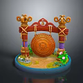 Decorative Wooden Household Ornament With Circular Gong And Carved Pillars On Blue Base