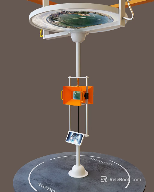 White Pole Structure With Orange Square Box Yellow Handles And Hanging Tablet Displaying 3d model