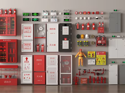 Assorted Fire Safety Equipment Collection Featuring Extinguishers Cabinets Hydrants And Signs 3d model
