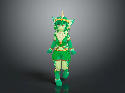 Green Horned Winged Fantasy Game Character With Feathered Outfit And Vibrant Magical Design 3d model