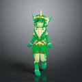 Green Horned Winged Fantasy Game Character With Feathered Outfit And Vibrant Magical Design