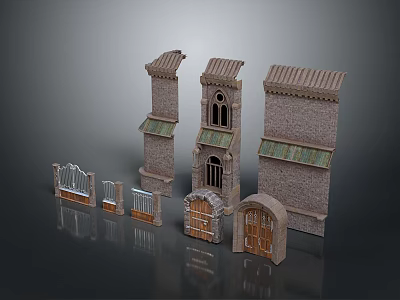 Medieval Gates With Stone Structure Arched Design And Tower Models With Tile Roofs 3d model