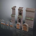 Medieval Gates With Stone Structure Arched Design And Tower Models With Tile Roofs
