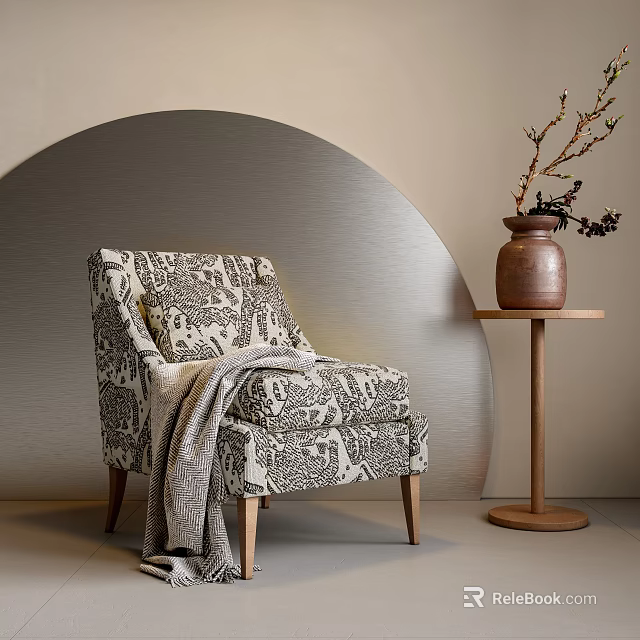 Patterned Accent Chair With Throw Blanket Wooden Side Table Terracotta Vase Curved Metallic Wall 3d model 