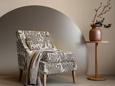 Patterned Accent Chair With Throw Blanket Wooden Side Table Terracotta Vase Curved Metallic Wall 3d model