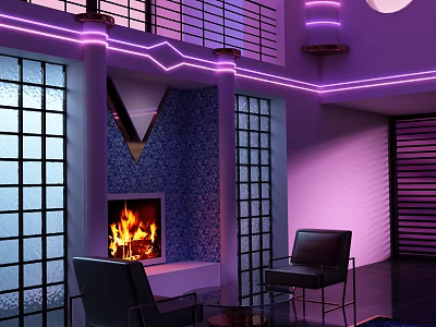 Shop Front Desk With Purple Neon Lights Geometric Decorations And Modern Interior 3d model