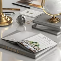Decorative Accessories Set Featuring Gold Lamp Globe White Flowers Books And Stationery