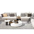 Modern Light Gray Sofa With Round Coffee Table Decorative Pillows And Neutral Rug 3d model