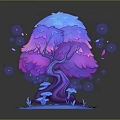 Fantasy Tree with Blue Purple Gradient Canopy Purple Trunk and Falling Petals on Blue Base