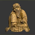 Traditional Old Man Wooden Statue In Sitting Posture With Beard And Detailed Robes