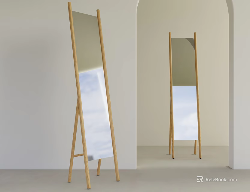 Stylish Floor Mirrors with Light Wooden Frames in Minimalist Room and Arched Doorway 3d model 