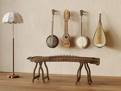 String Instruments Wall Display with Hanging Guitars Banjos and Floor Lamp 3d model