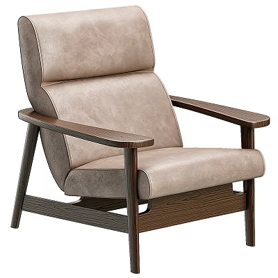 Light Brown Leather Single Sofa With Modern Wooden Arms For Living Room 3d model