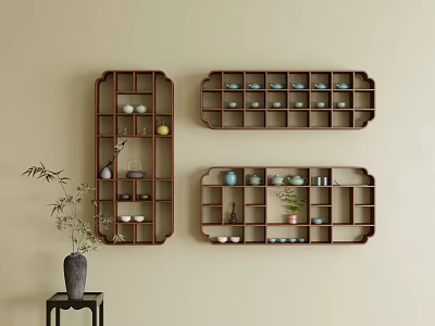 Brown Wooden Wall Mounted Shelving Units With Geometric Compartments And Decorative Items On Beige Wall 3d model