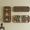 Brown Wooden Wall Mounted Shelving Units With Geometric Compartments And Decorative Items On Beige Wall