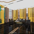 Elegant Hotel Lobby With Modern Lighting Sofa Seating And Decorative Wall Panels 3d model