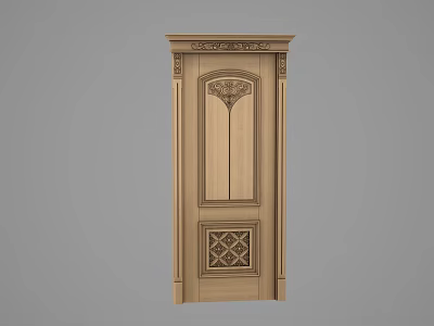 Elegant Traditional Carved Wooden Door With Intricate Patterns And Decorative Frame 3d model