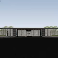 Modern Building Facade Featuring Stone Walls Grille Panels Ceiling Lights And Central Water Feature