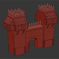 Medieval Castle Gate with Twin Towers Spiked Spires Stone Walls and Wooden Roof Structures