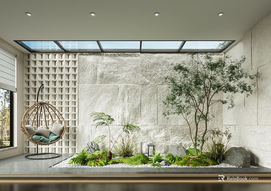 Garden Decor Featuring Hanging Chair Stone Wall Green Plants Skylight Pebbles and Lantern 3d model 