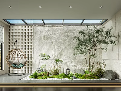 Garden Decor Featuring Hanging Chair Stone Wall Green Plants Skylight Pebbles and Lantern 3d model