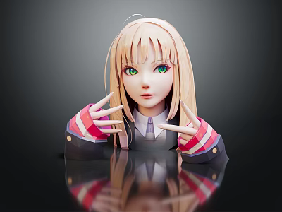 Anime Character Blonde Hair Green Eyes Making Hand Gesture With Striped Sleeves On Dark Background 3d model