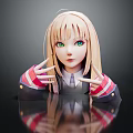 Anime Character Blonde Hair Green Eyes Making Hand Gesture With Striped Sleeves On Dark Background