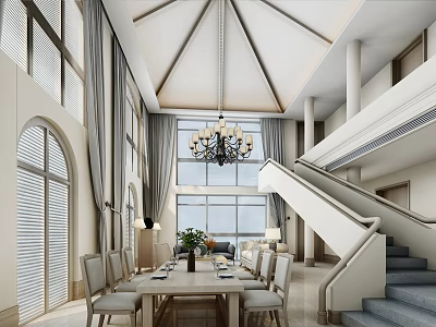 Elegant Spacious Dining Room Interior With Large Windows Chandelier And Dining Table Chairs 3d model