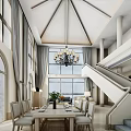 Elegant Spacious Dining Room Interior With Large Windows Chandelier And Dining Table Chairs
